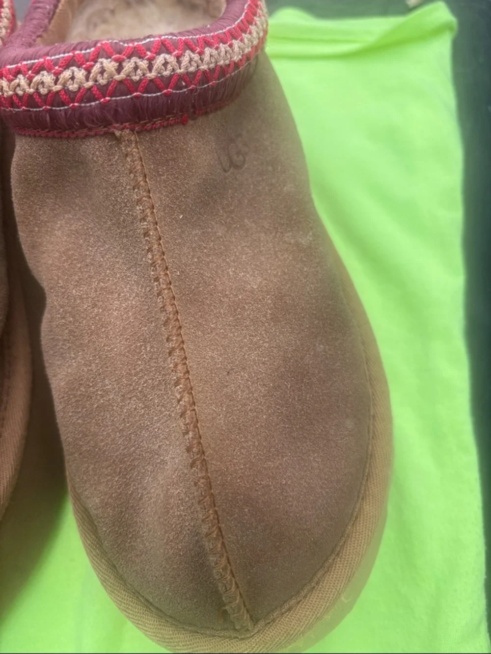 UGG Brown Suede Mule Slippers with Burgundy Trim - Picture 3 of 13